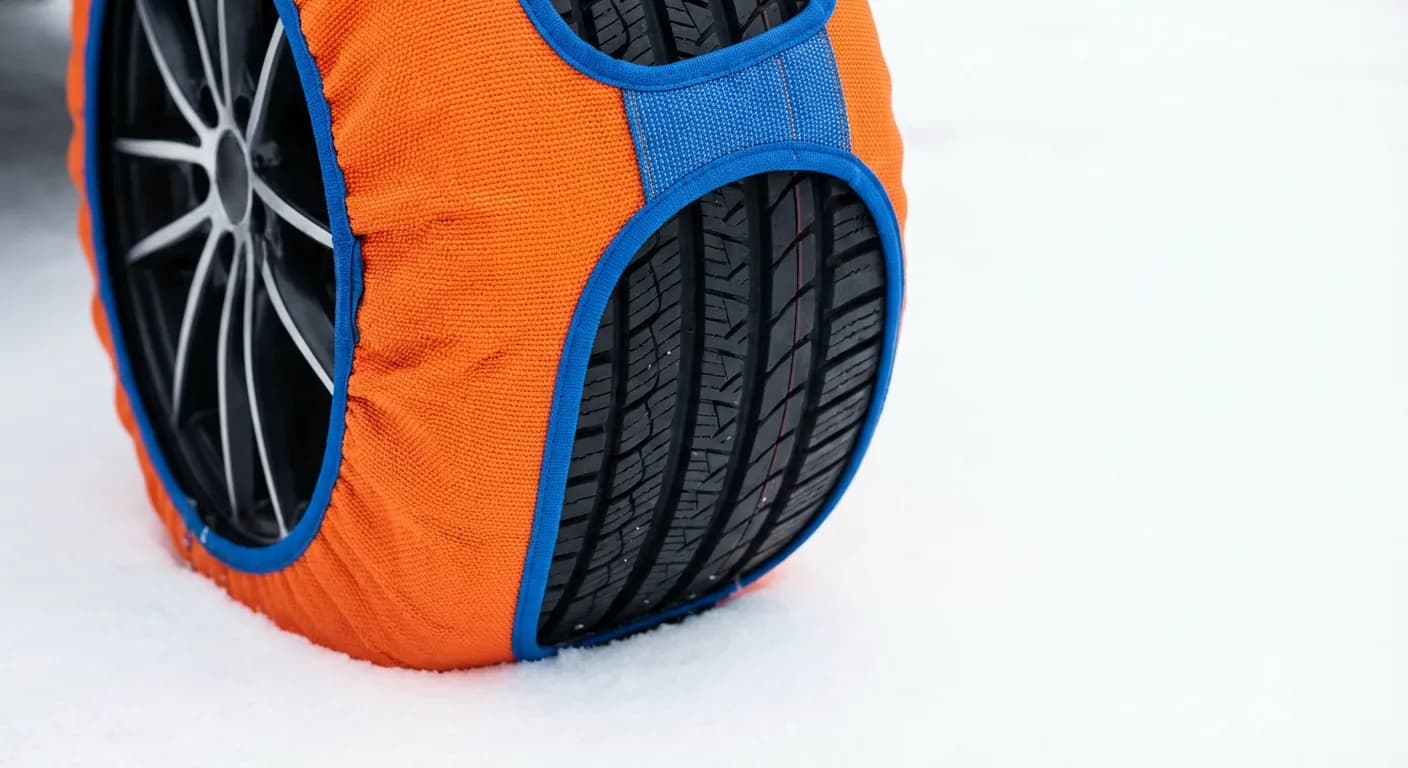 Calze gomme da neve: omologazione e guida all'acquisto Gros plan minimaliste d'une chaussette à neige textile sur un pneu.